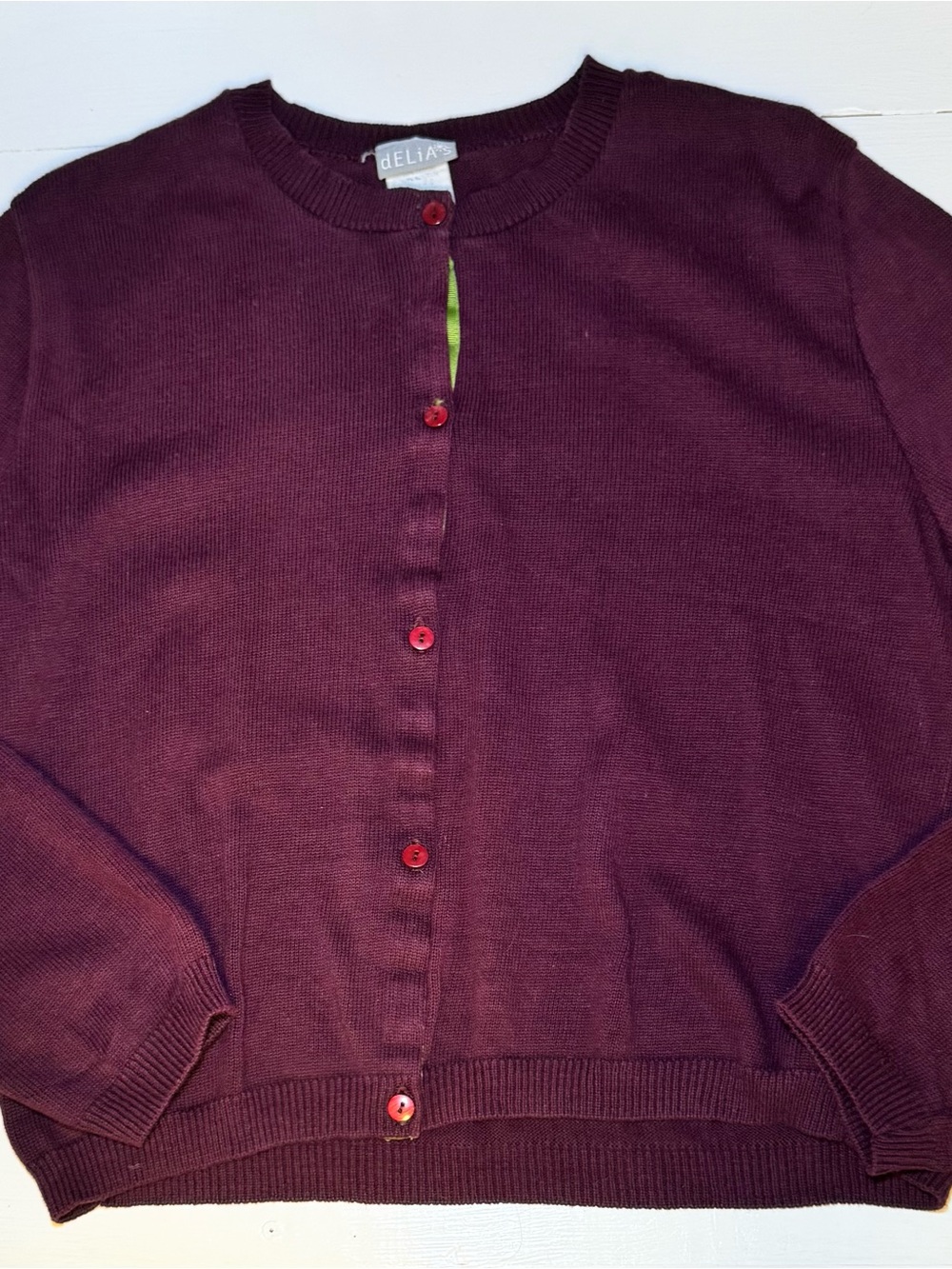 dELiA*s Plum Crewneck Cardigan with Red Buttons - Picture 7 of 11